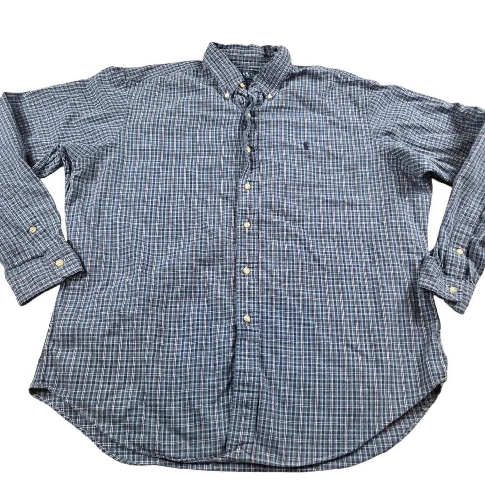 Polo Ralph Lauren Shirt Mens Plaid Blue Flannel Outdoors Long Sleeve Button Up